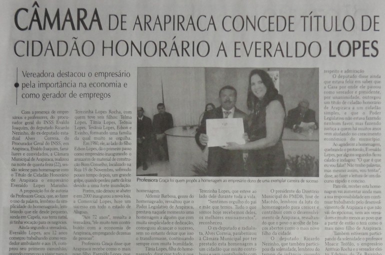 Câmara de Arapiraca concede título de Cidadão Honorário a Everaldo Lopes