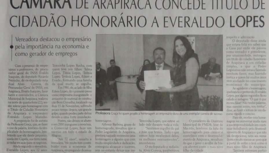 Câmara de Arapiraca concede título de Cidadão Honorário a Everaldo Lopes