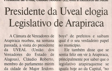 Presidente da UVEAL elogia Legislativo de Arapiraca
