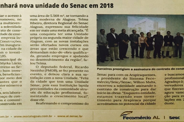 Arapiraca ganhará nova unidade do Senac em 2018