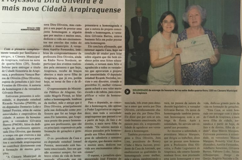 Professora Dira Oliveira é a mais nova cidadã Arapiraquense